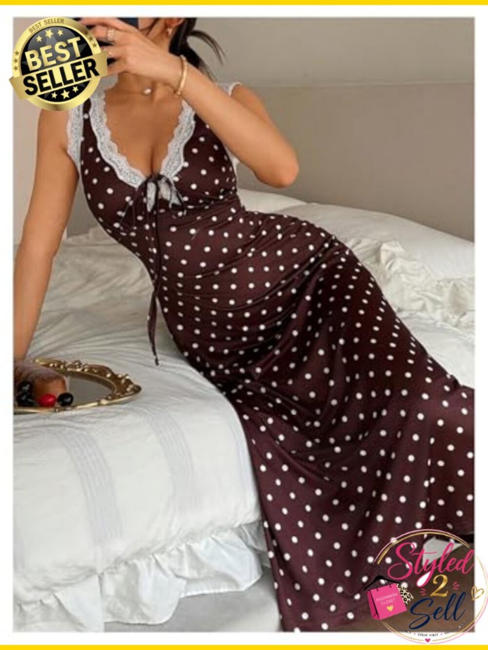 Lace Trim Polka Dot Nightgown Tie Front Sleep Dress Sleeveless - Picture 4 of 5